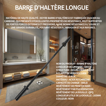 Barre d'haltères 120cm 2.8cm structure à pression droite barre d'haltérophilie à double roulement chrome galvanisé 300LB noir